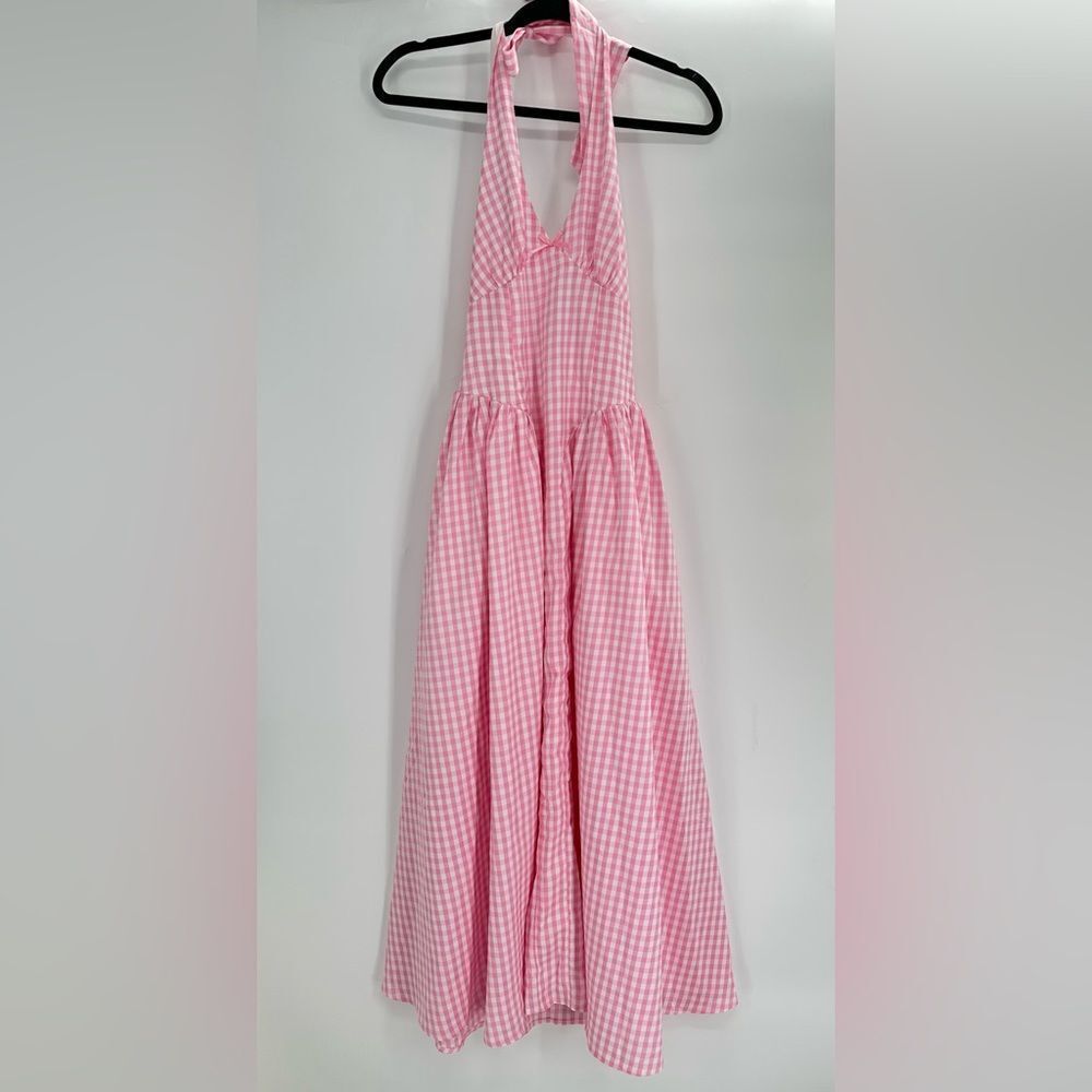 RUNAWAY THE LABEL Alicia Midi Length Halter Dress in Pink Gingham Size XS - Picture 4 of 8